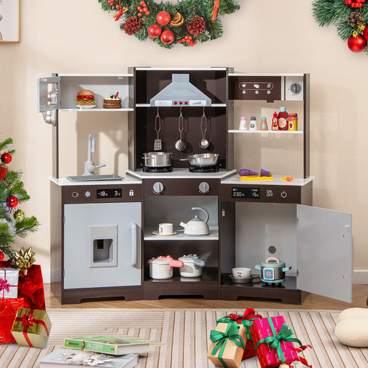The play kitchen set placed in a living room decorated for Christmas with festive ornaments