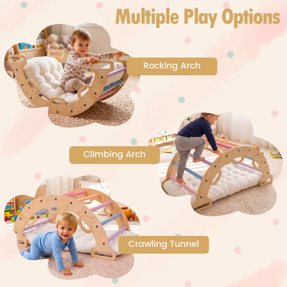 The climbing frame displayed in three different configurations for various play activities