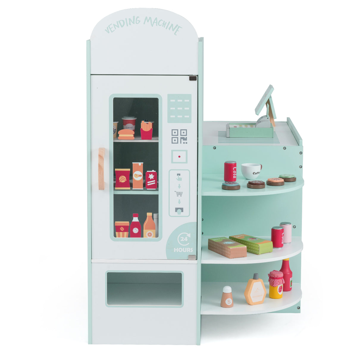 The green wooden supermarket play kitchen set showing the vending machine section