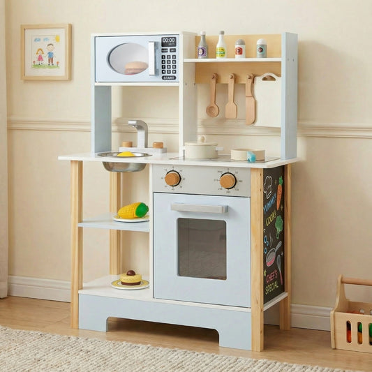 The blue toy kitchen set is shown in a room setting with festive decorations