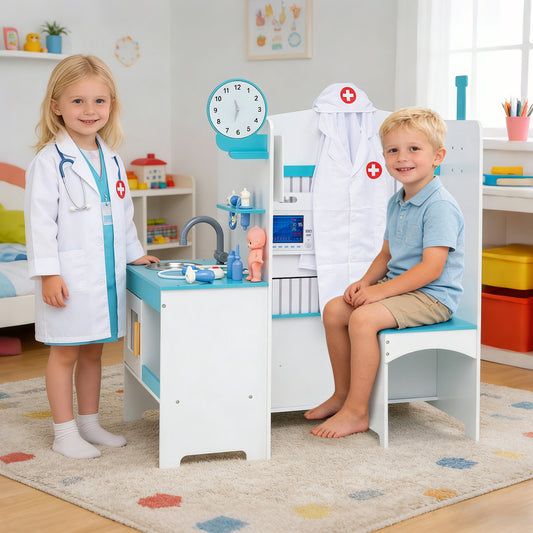 Children playing with the wooden toy medical center playset in a room