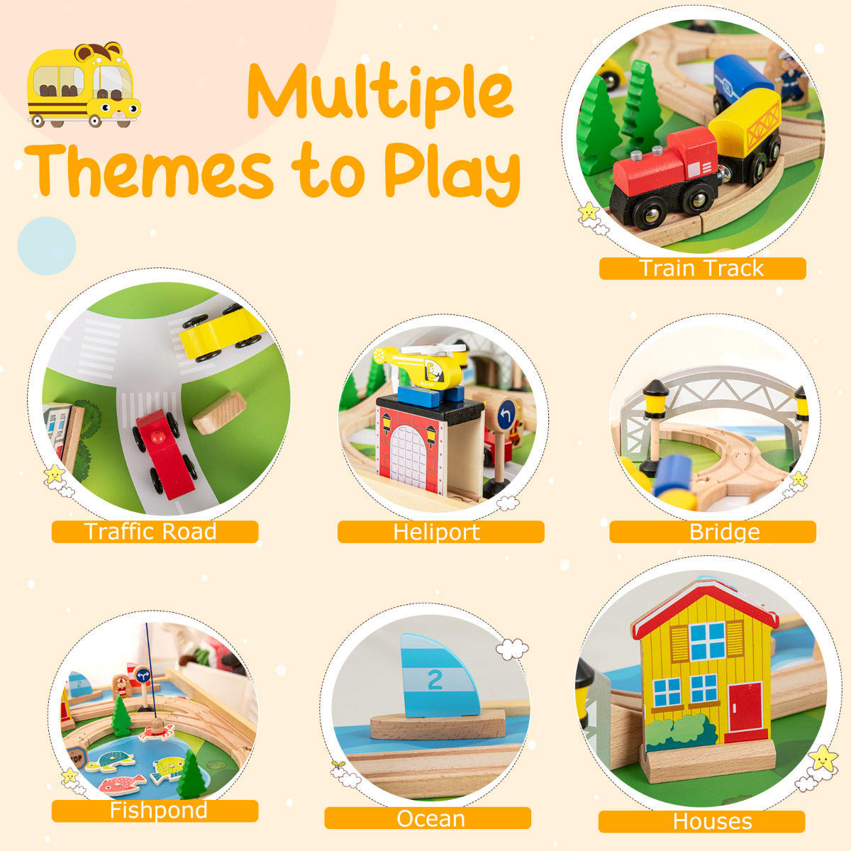 Collage of different play themes for the wooden train table including traffic, heliport, bridge, fishpond, ocean, and houses