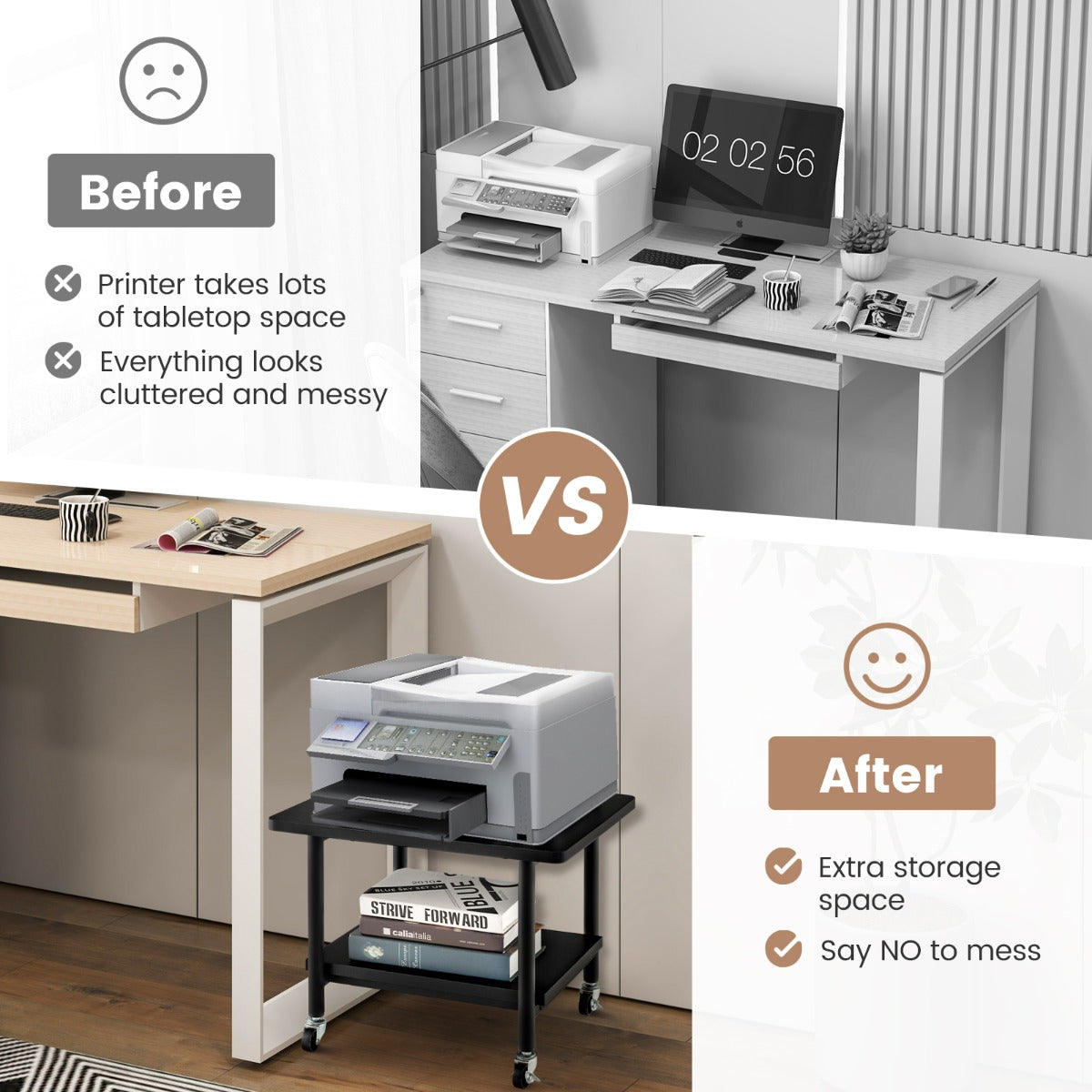 2 Tier Wooden Printer Stand with 360° Swivel Casters-Black