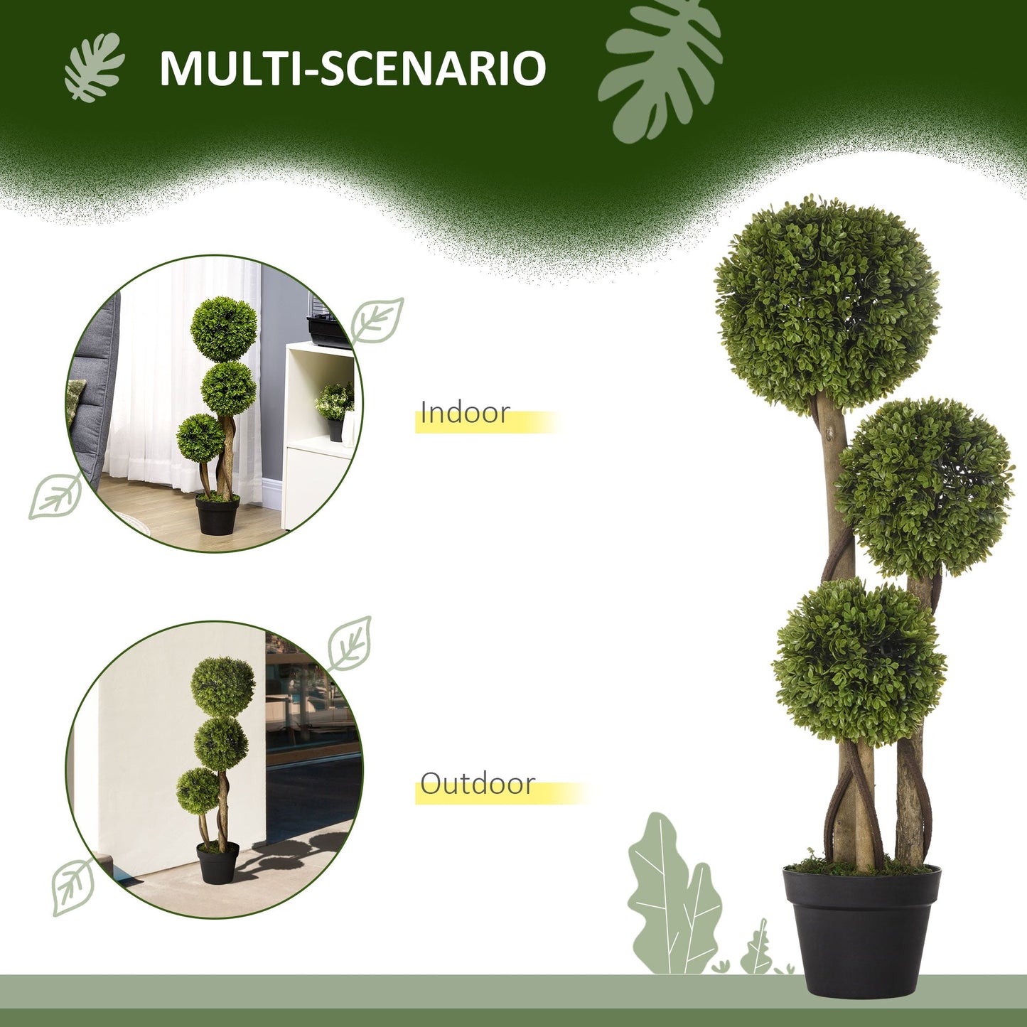 HOMCOM Decorative Artificial Plants Set of 2, Boxwood Ball Topiary Trees in Pot Fake Plants for Home Indoor Outdoor Decor, 90 cm, Dark Green