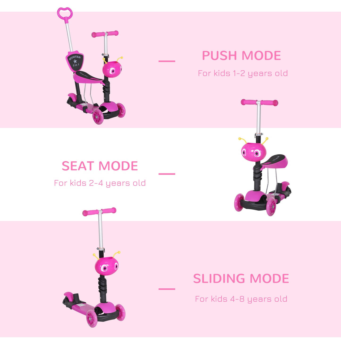 HOMCOM Adjustable Kids Toddler Scooter, with Removable Seat, Back Handle, Pink