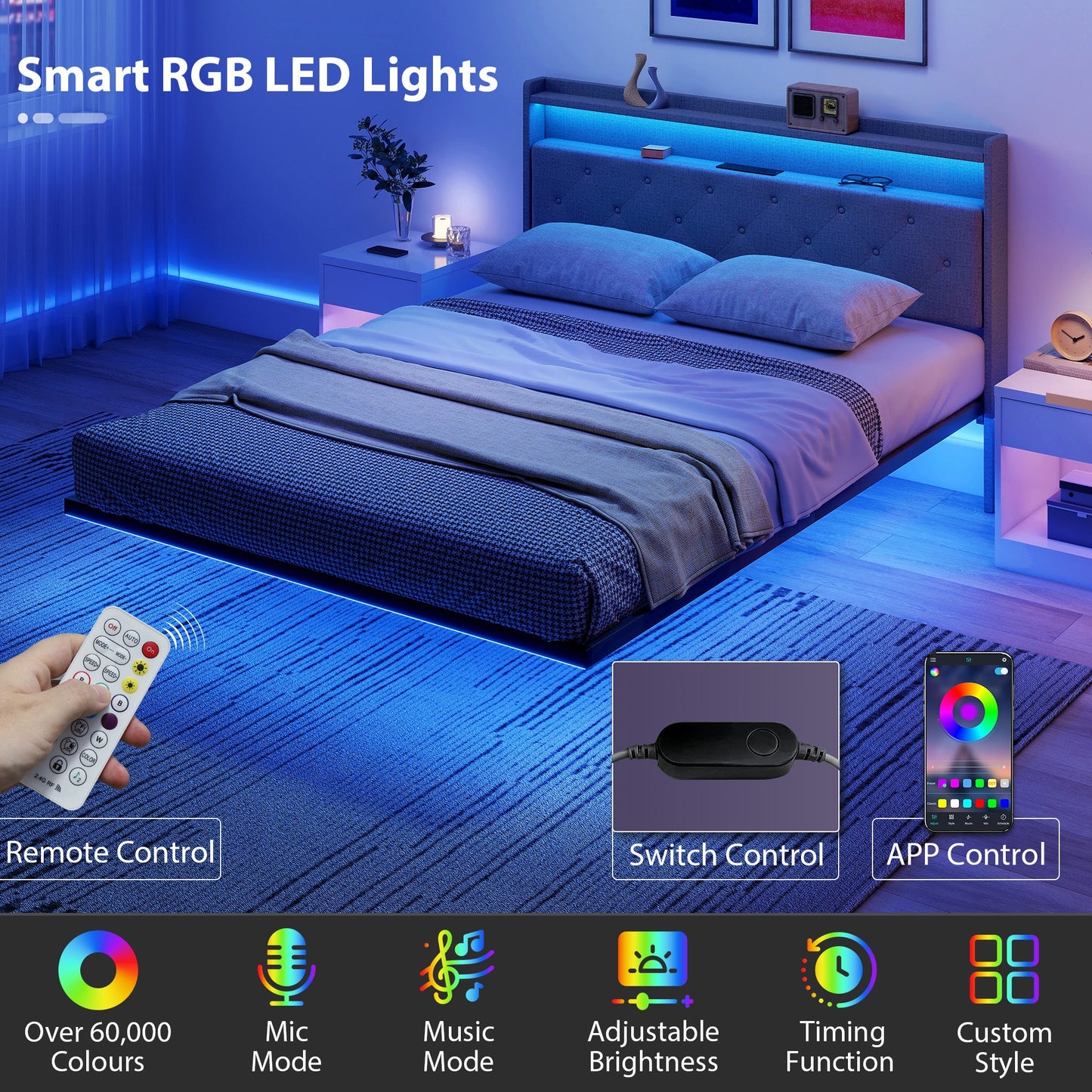 إطار سرير HOMCOM عائم، سرير بحجم كينج 5 قدم منجد، سرير منصة مع أضواء LED RGB ومحطة شحن، رمادي