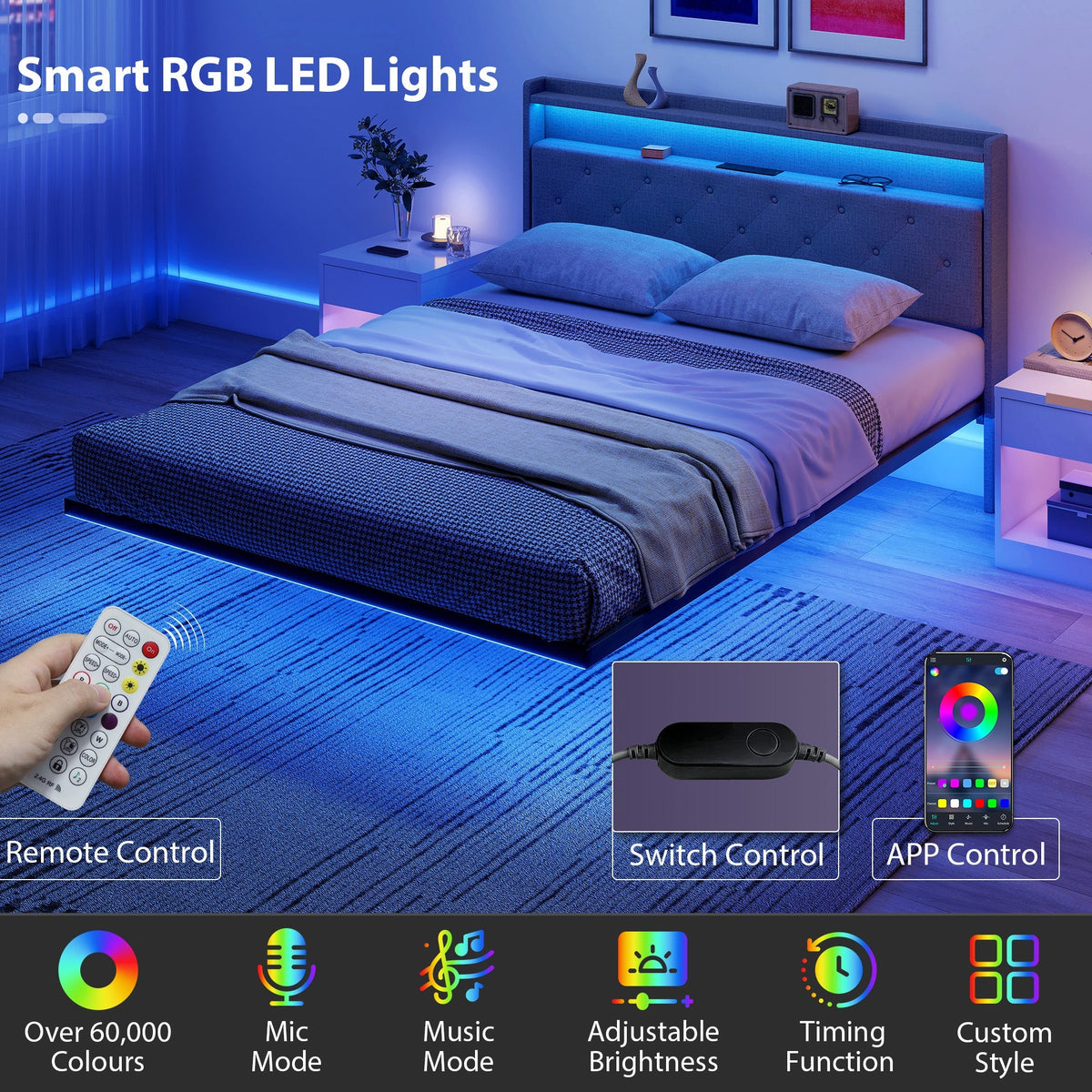 HOMCOM Floating Bed Frame, Upholstered 5ft King Size Bed, Platform Bed with RGB LED Lights and Charging Station, Grey