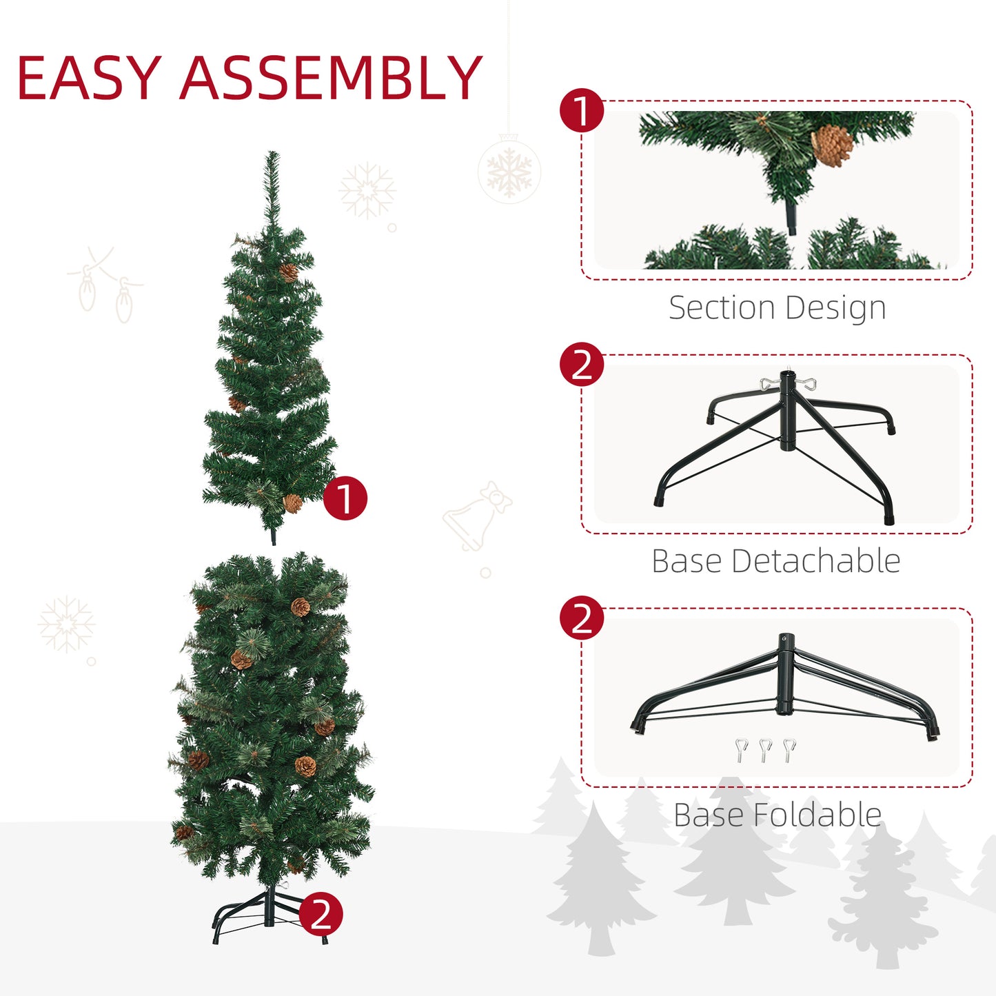 HOMCOM 5.5FT Tall Pencil Slim Artificial Christmas Tree with Realistic Branches, Tip Count and Pine Cones, Pine Needles Tree, Xmas Decoration, Green