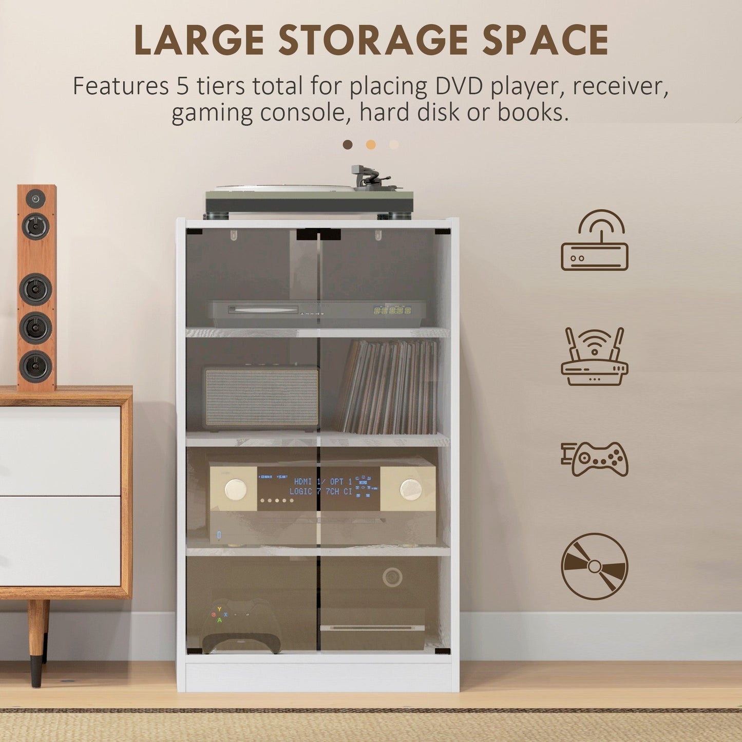 HOMCOM 4-Tier Hi-Fi Stand, Record Player Stand with Adjustable Shelves and Push-to-Open Glass Doors, White Wood-Effect