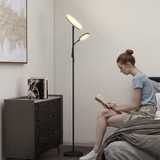 مصباح أرضي LED من HOMCOM لغرفة المعيشة، مصباح قائم قابل للتعتيم بدون خطوات، مصباح علوي للأم والطفل مع ضوء قراءة، 4 أوضاع مشهد، درجة حرارة ألوان 2700K-6500K، 4 مستويات سطوع، جهاز تحكم عن بعد