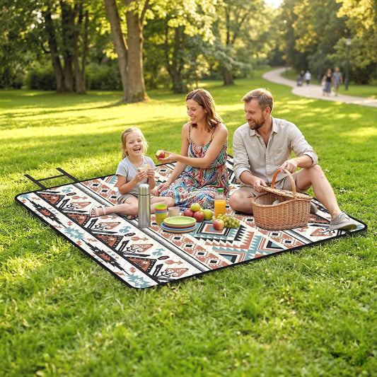 بطانية نزهة من Outsunny، بطانية شاطئ كبيرة 200 × 200 سم بساط نزهة خارجي مع حزام مدمج للتخييم، ألوان متعددة