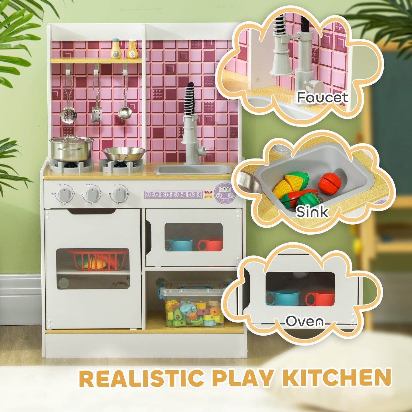 مطبخ ألعاب أطفال من AIYAPLAY، مطبخ لعب تظاهري بفرن وموقد وحوض واقعي، وإكسسوارات مطبخ، أبيض