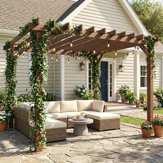 Outsunny 3.6 x 3 m Wooden Pergola Kit, Garden Pergola Gazebo Grape Trellis with Triangle Supports, Maple Wood-effect