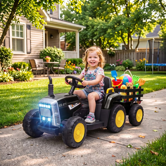 HOMCOM 12V Kids Ride on Tractor with Detachable Trailer, Remote, Soft Start, Seat Belt, Music, USB, Horn, Lights for 3-6, Black