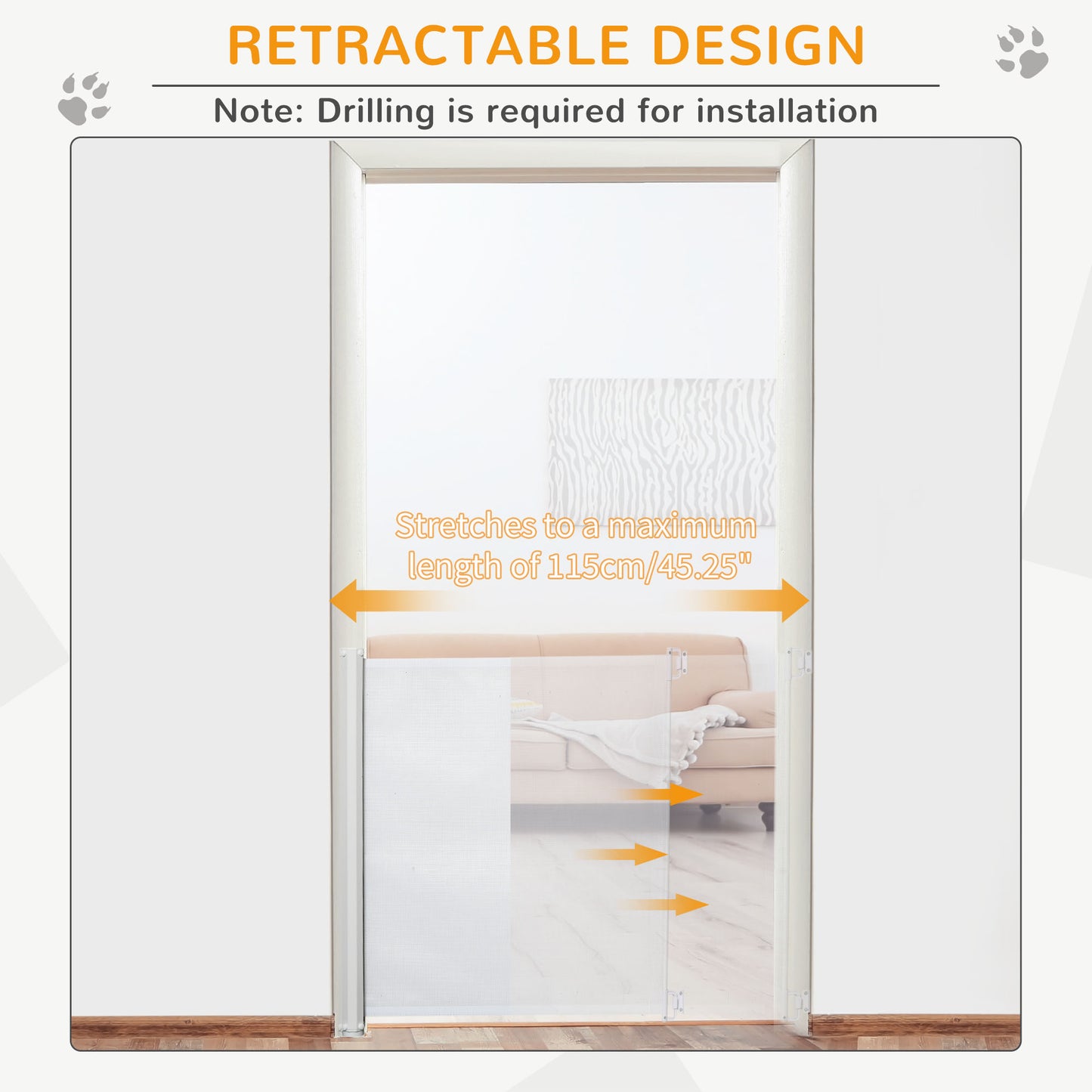 PawHut Retractable Stair Gate, Dog Pet Barrier, for Doorway, Staircase, Hallway - White