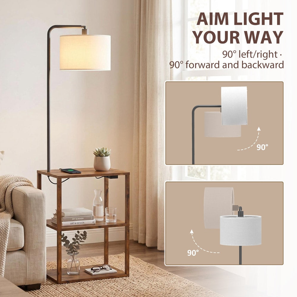 HOMCOM Dimmable Floor Lamp with Shelves, Charging Station, 3-Tier Storage Table, Adjustable Fabric Lampshade, Rustic Brown