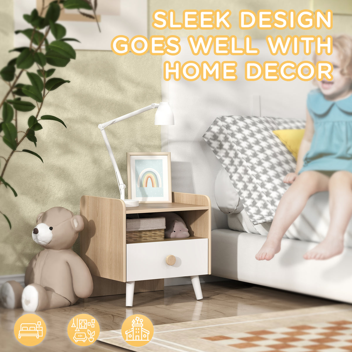 AIYAPLAY Kids Bedside Table in Natural Wood and White Drawer and Legs
