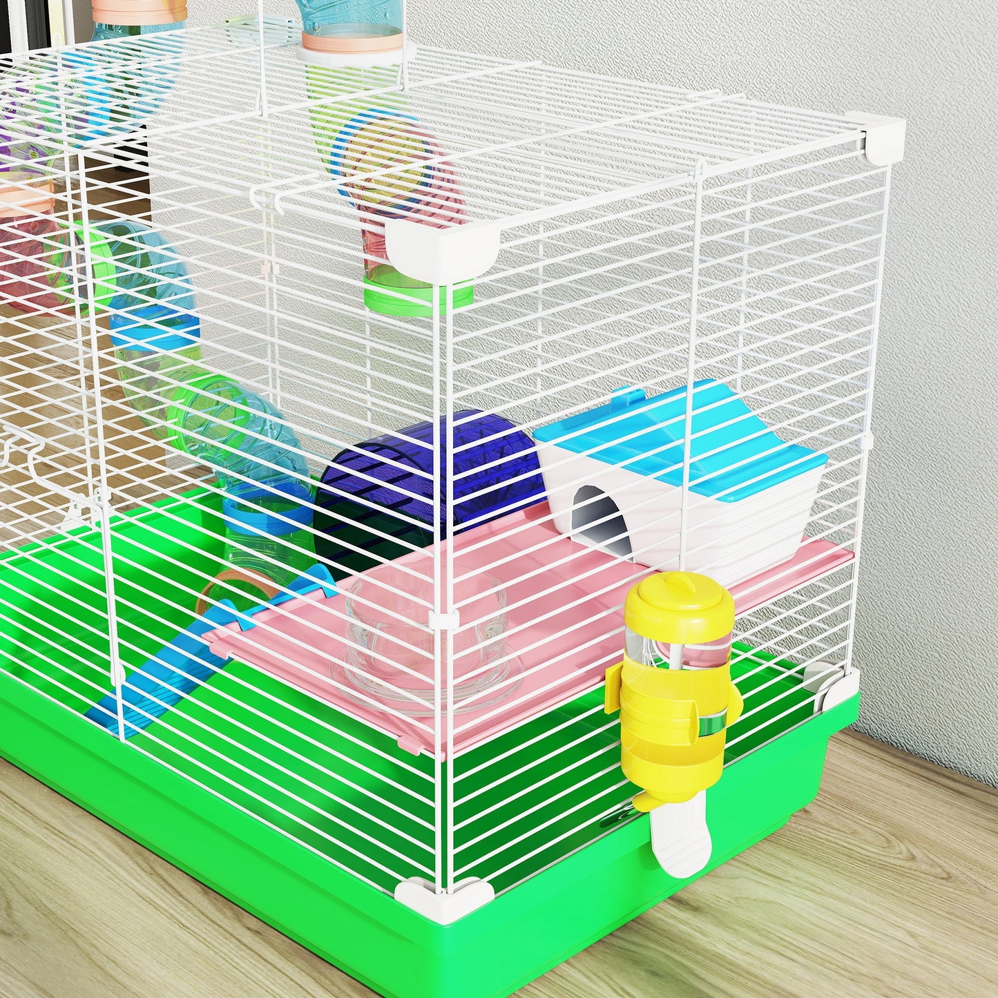 PawHut 2 Tier Hamster Cage, Gerbil Cage with Handle, Exercise Wheels, Tunnel, Water Bottle, Dishes, Ladder, for Dwarf