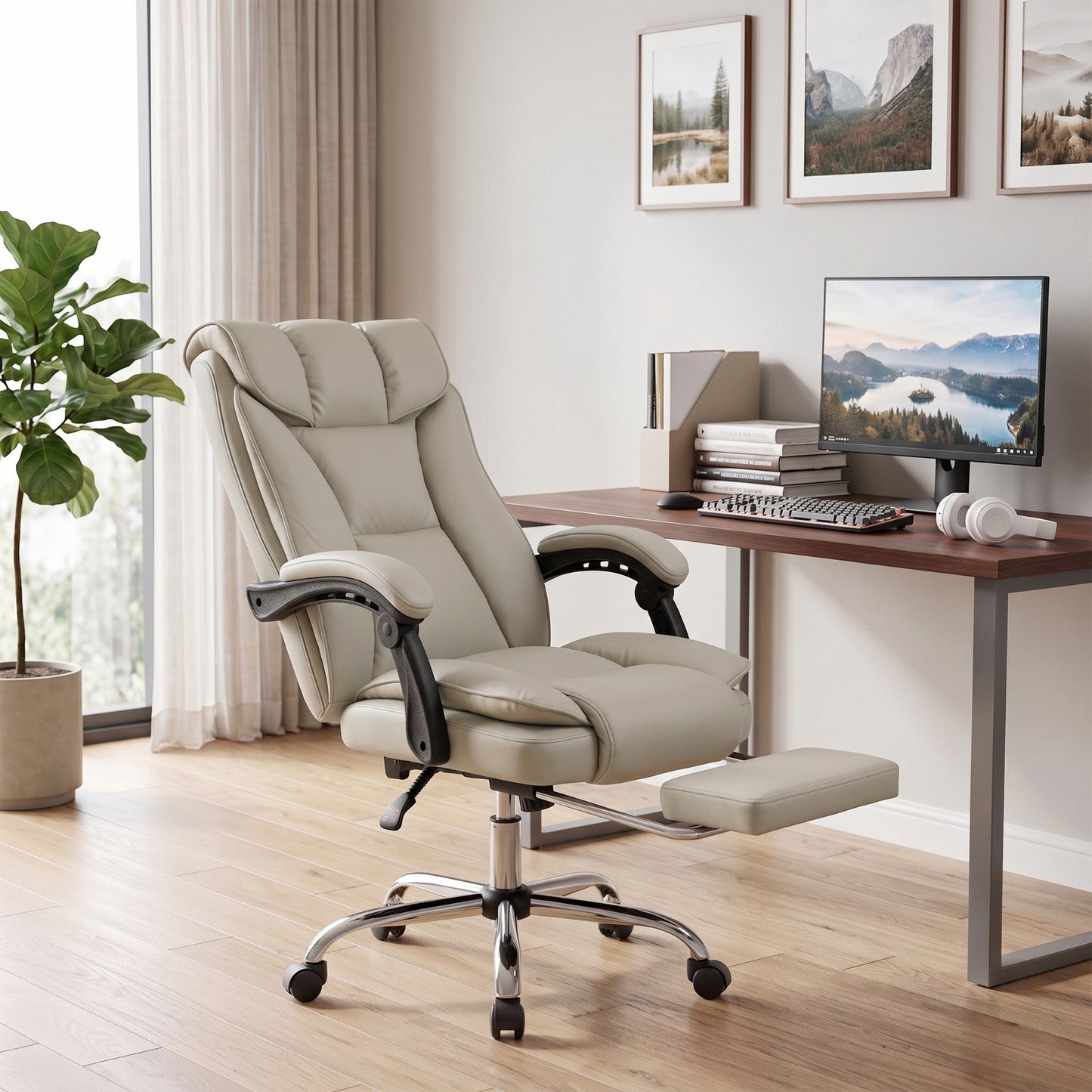 HOMCOM Pet-Friendly Faux Leather Computer Desk Chair, Executive Office Chair with Footrest and Double-Layer Padding, Khaki