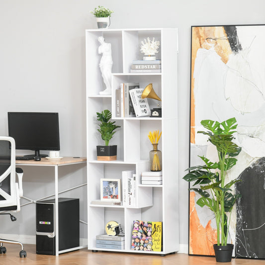 The tall white display shelf is shown in a study room, filled with books and decorative items