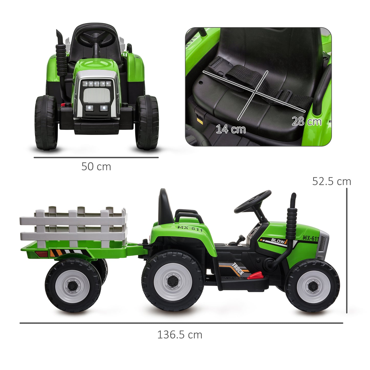 HOMCOM Ride On Tractor, Battery Powered Electric Car, with Detachable Trailer, Remote Control, Music - Green