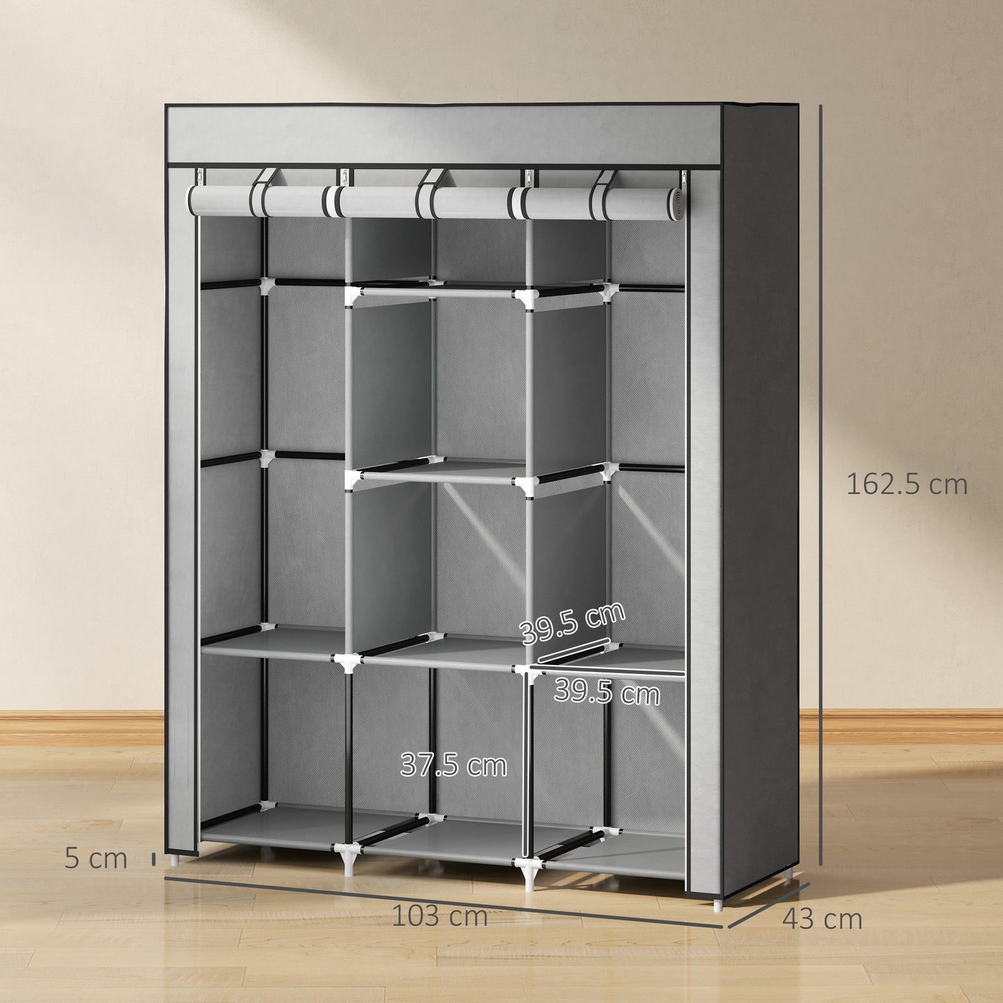 HOMCOM Fabric Wardrobe, with Rails and Shelves - Light Grey