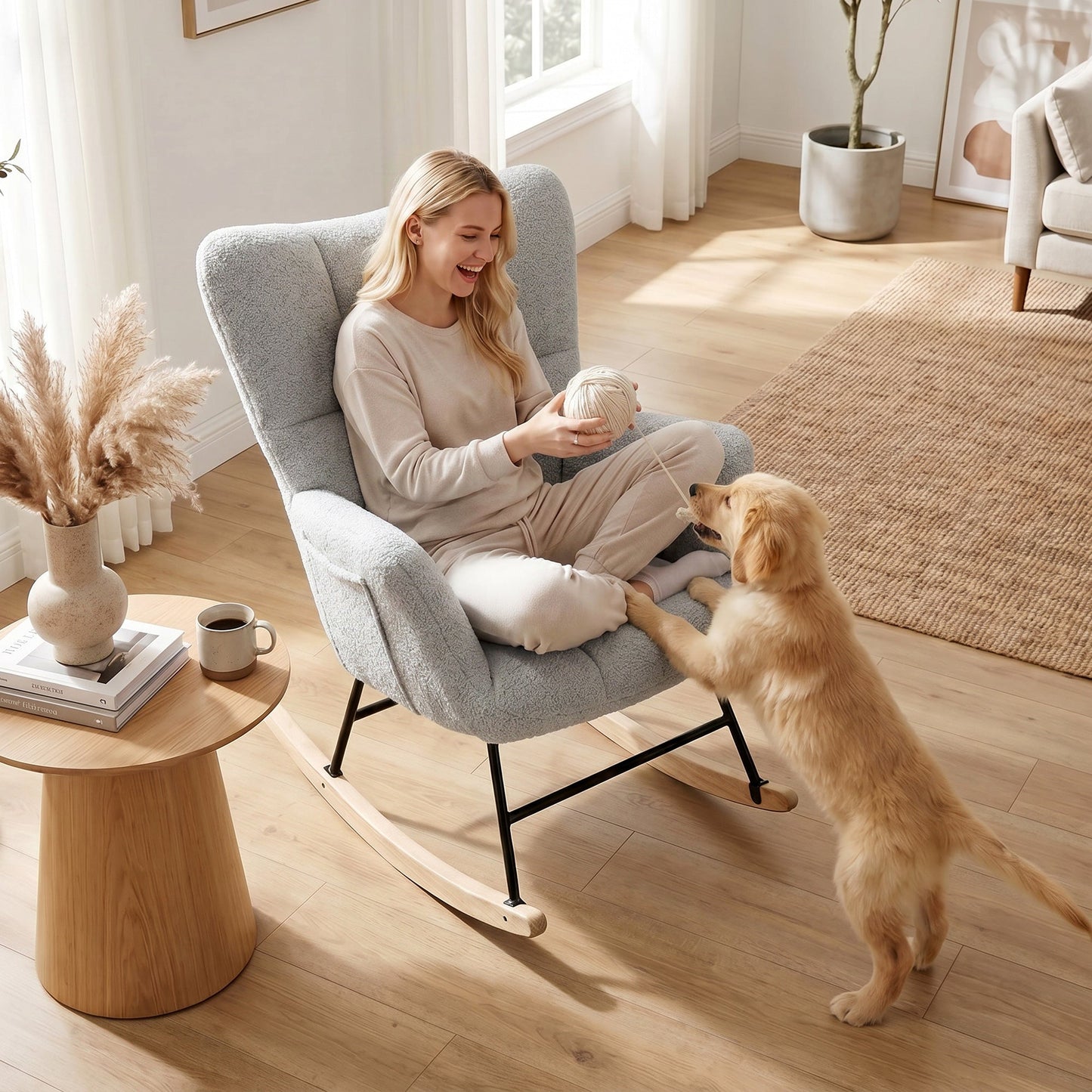 HOMCOM Rocking Chair, Teddy Fleece Rocker Chair with Tufted Wingback, Side Pockets, Rubber Wood Legs, Light Grey