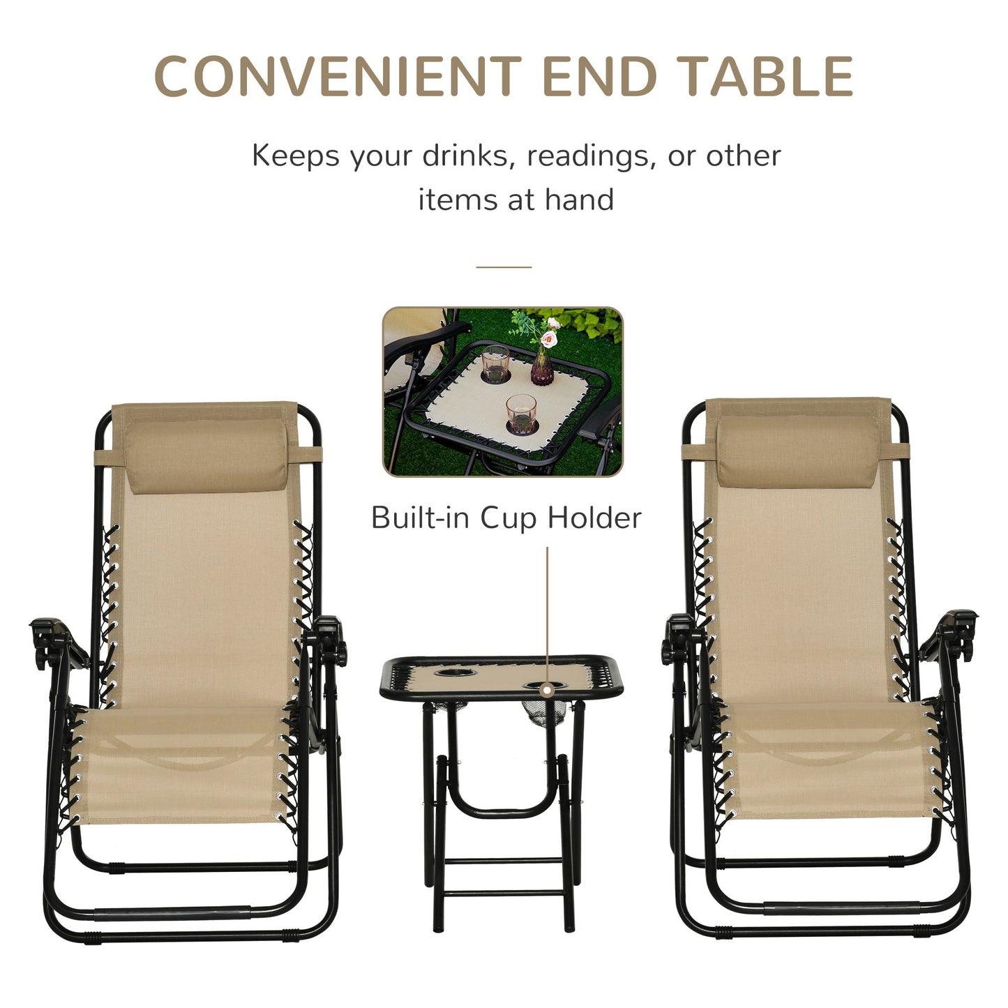 Outsunny Folding Zero Gravity Chairs, 3 Pieces Adjustable Sun Lounger and Table Set with Cup Holder and Headrest, Patio Bistro Set with Reclining Garden Chairs for Outdoor, Beige