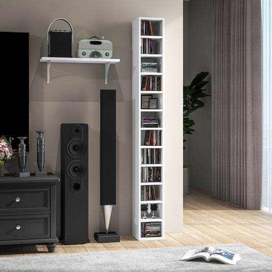 The tall narrow media storage tower in a living room next to a speaker and cabinet