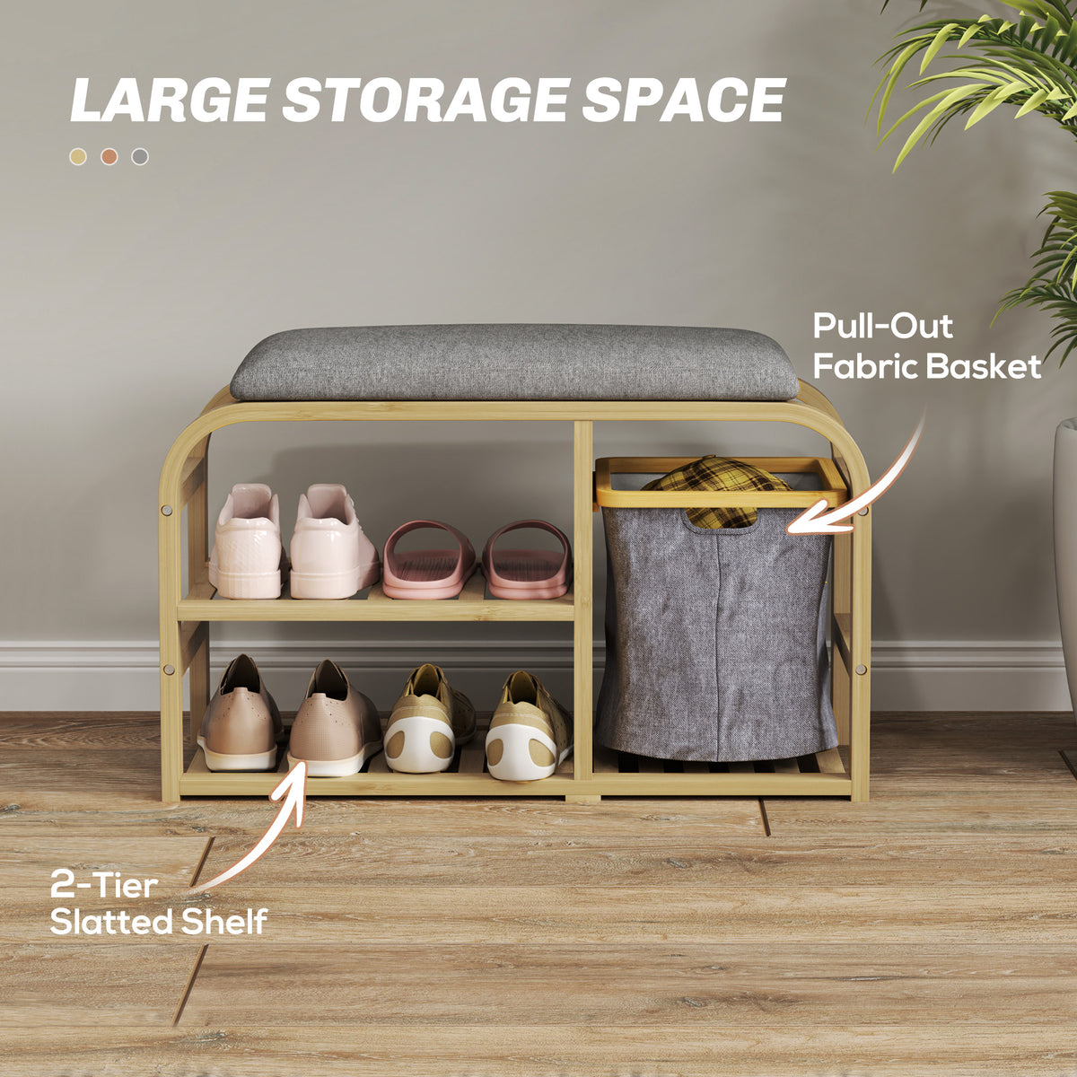 HOMCOM Bamboo Shoe Rack Bench with Padded Seat in a Natural Wood Finish