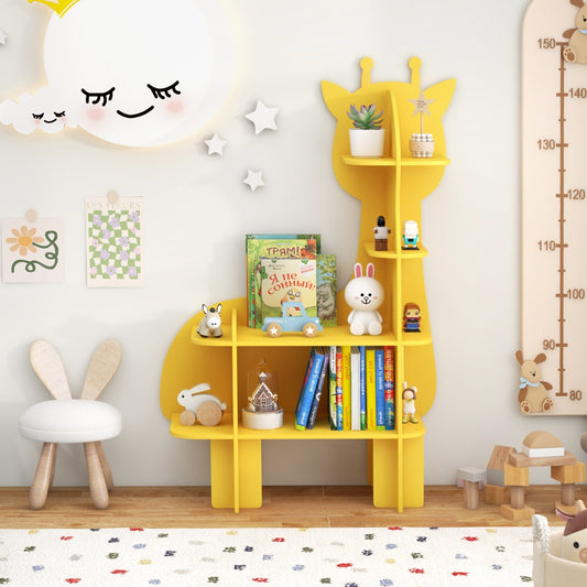 The yellow giraffe toy storage unit filled with books and toys in a nursery setting