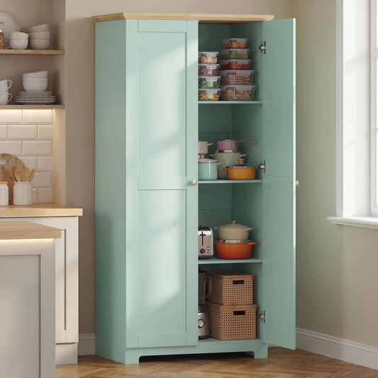 HOMCOM Kitchen Cupboard, 172cm Freestanding Storage Cabinet with Doors and Shelves, Light Green