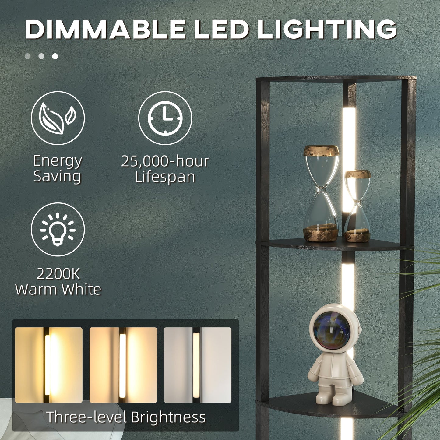 مصباح أرضي زاوية من HOMCOM لغرفة المعيشة وغرفة النوم مع إضاءة LED بيضاء دافئة قابلة للتعتيم، مصباح واقف طويل حديث، أسود