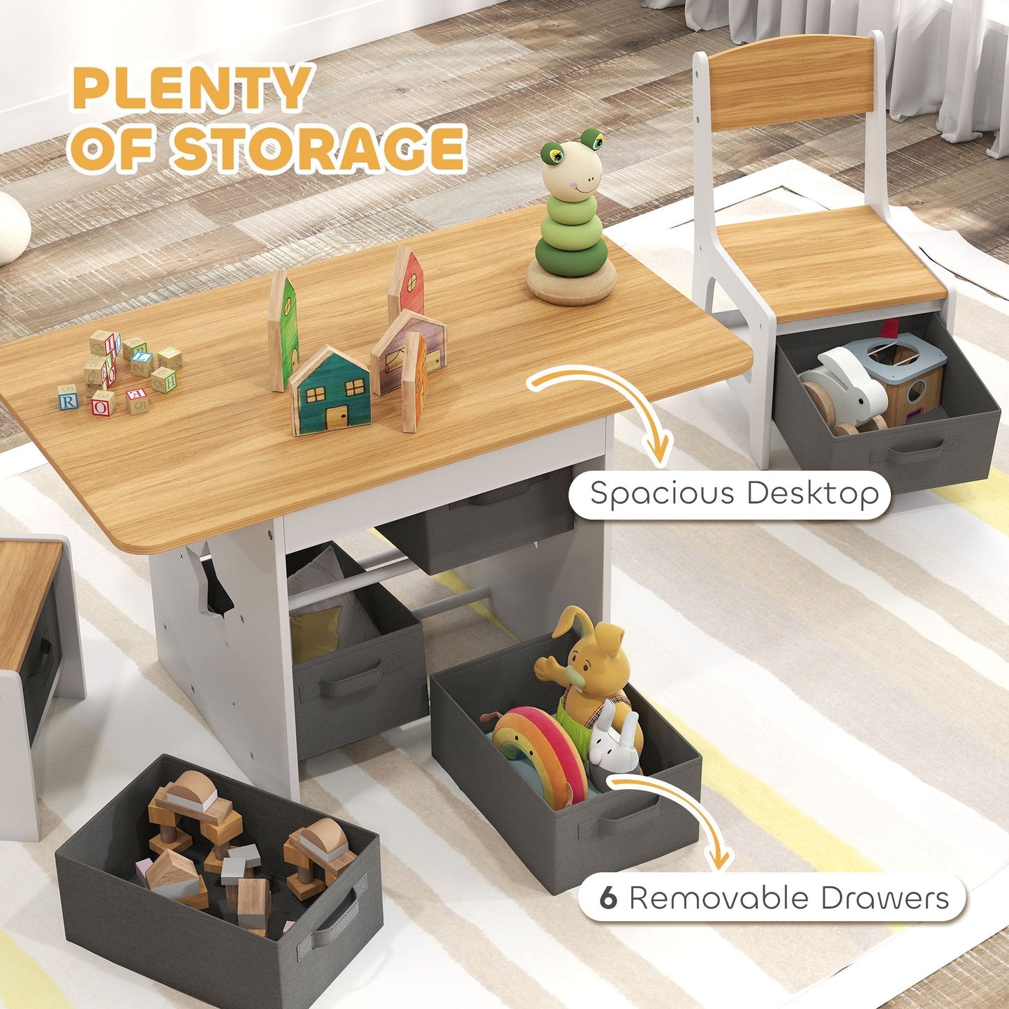 AIYAPLAY Kids Table and Chair Set, Toddler Table and 2 Chairs Set with 6 Removable Drawers, for Boys Girls Ages 3-8, Natural
