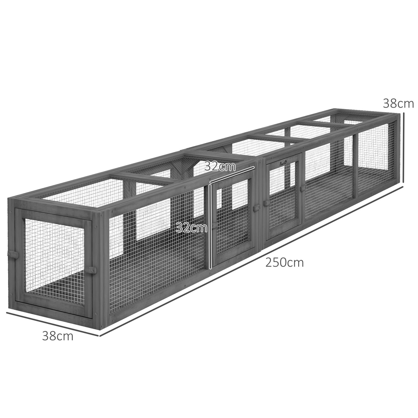 PawHut Cat Tunnel, 250cm Extra Long Wooden Cat Play Tunnel with 8 Doors, L-shape/Rectangle, Outdoor Cat Enclosure, Dark Grey