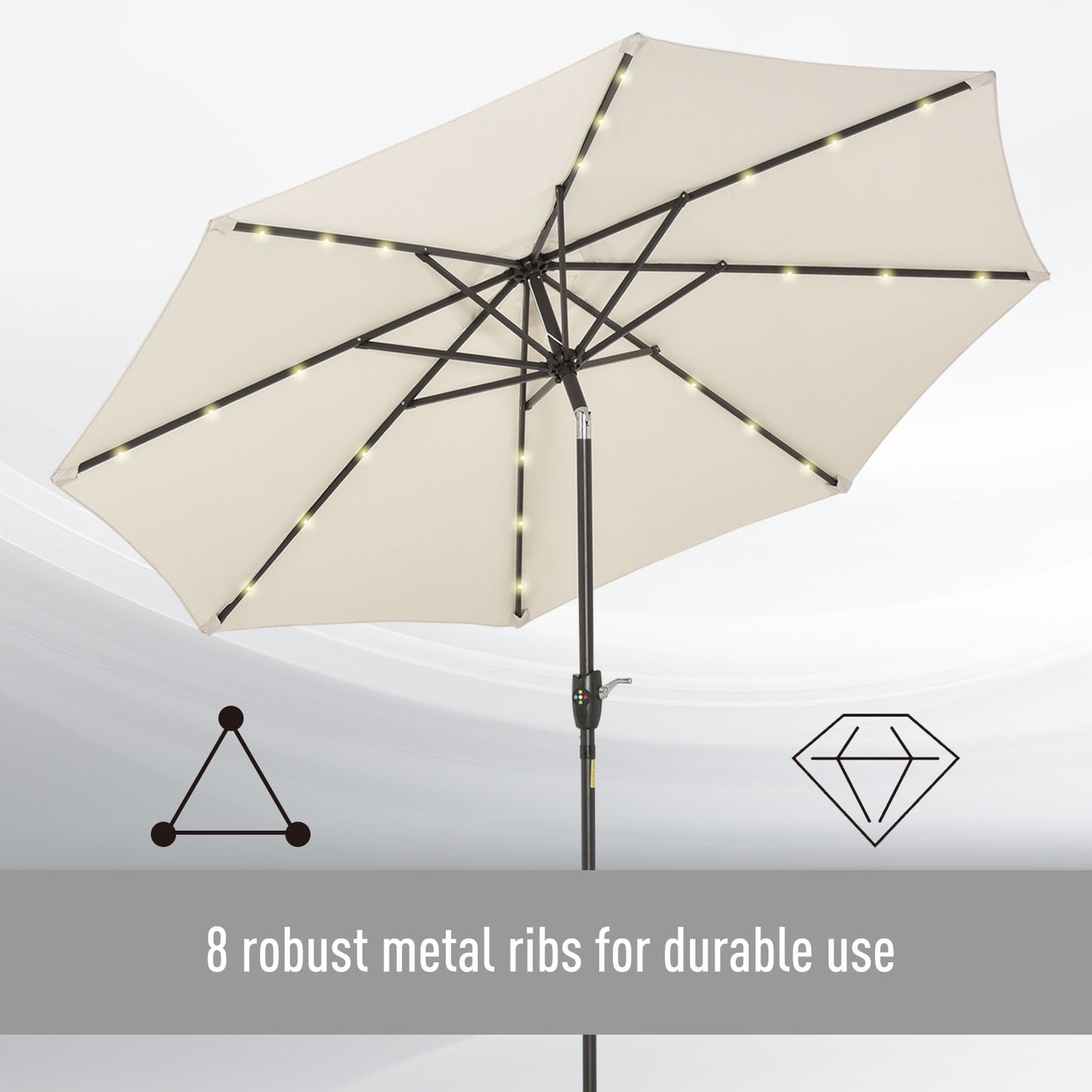 Outsunny 2.7m Garden 24 LED Light Parasol Solar Outdoor Tilt Sun Umbrella Patio Club Party Event Manual Sun Shade w/ Hand Crank and 8 Ribs, Off-white