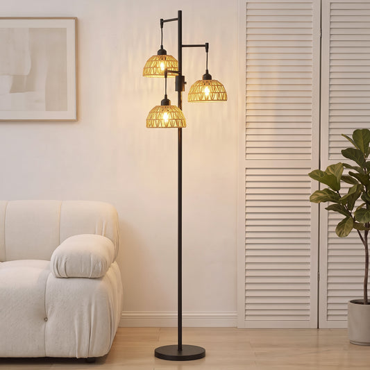 HOMCOM 3-Light Floor Lamp, Standing Lamp with Paper Rope Shades, 4-Stage Rotary Switch for Living Room, Bedroom, Study