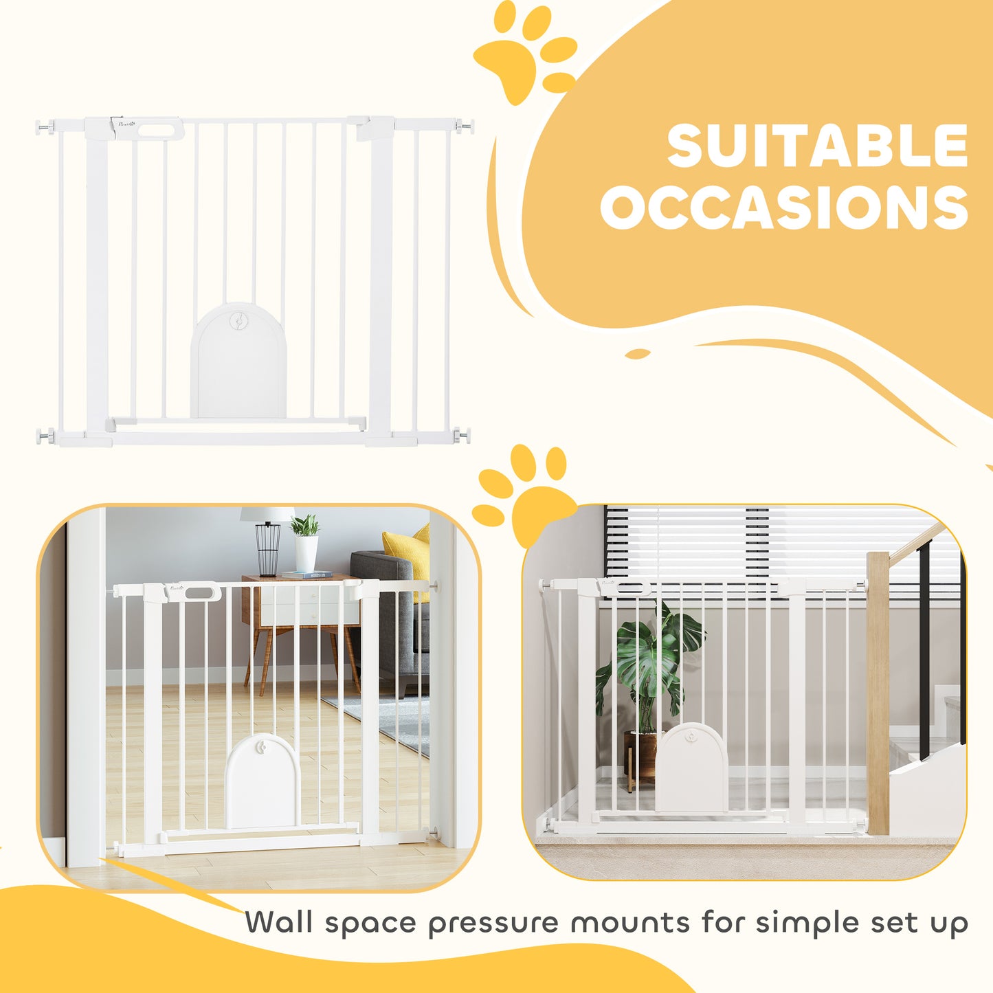 PawHut Dog Gate with Cat Flap Pet Safety Gate Barrier, Stair Pressure Fit, Auto Close, Double Locking, for Doorways, Hallways, 75-103 cm White
