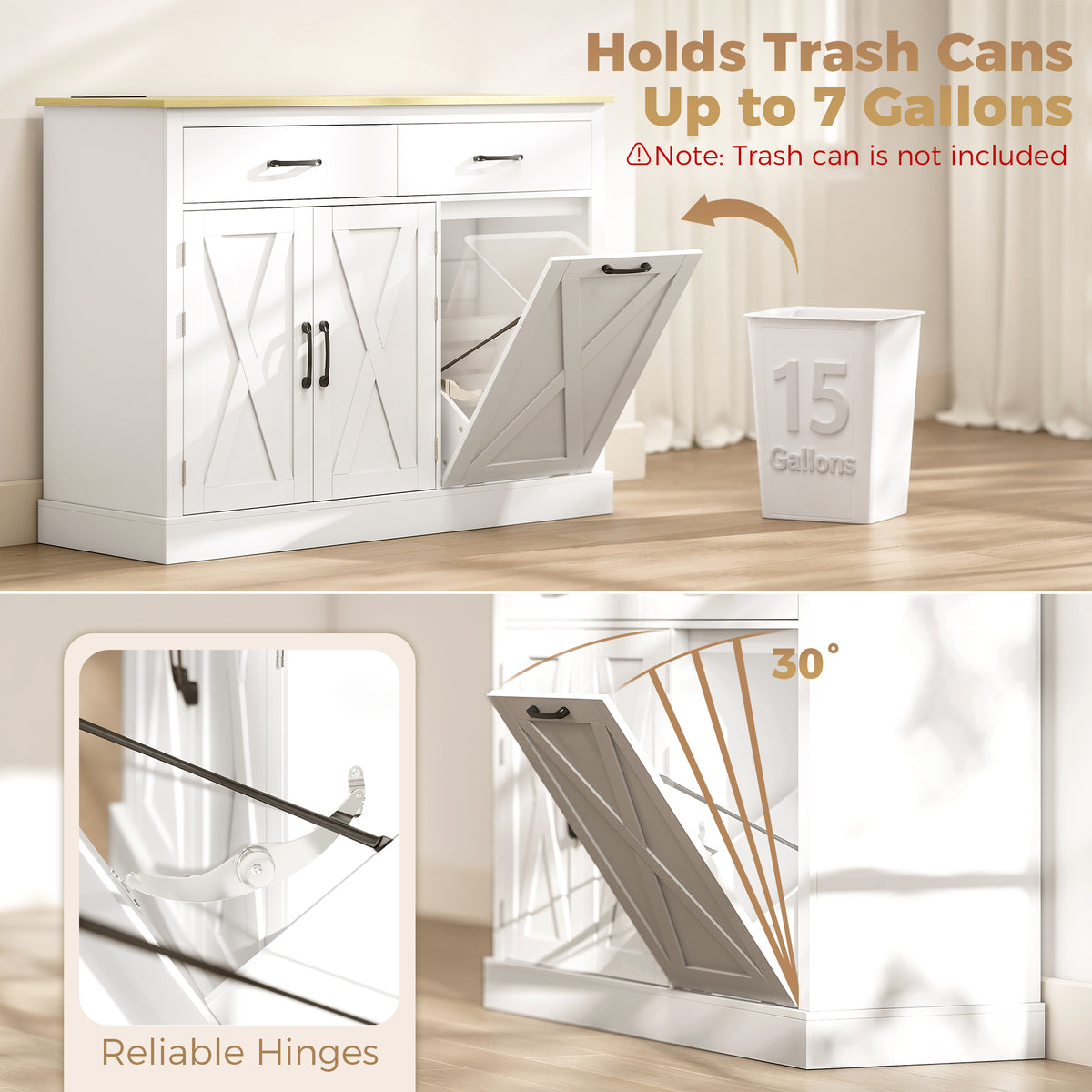 HOMCOM Tilt Out Trash Cabinet with Charging Station in White