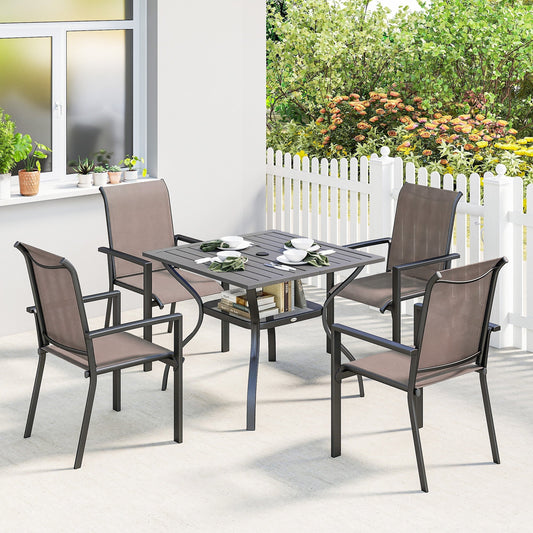 Outsunny 5 Pieces Outdoor Dining Set for 4, Garden Table and Stackable Chairs with Breathable Mesh Seat, Grey and Khaki