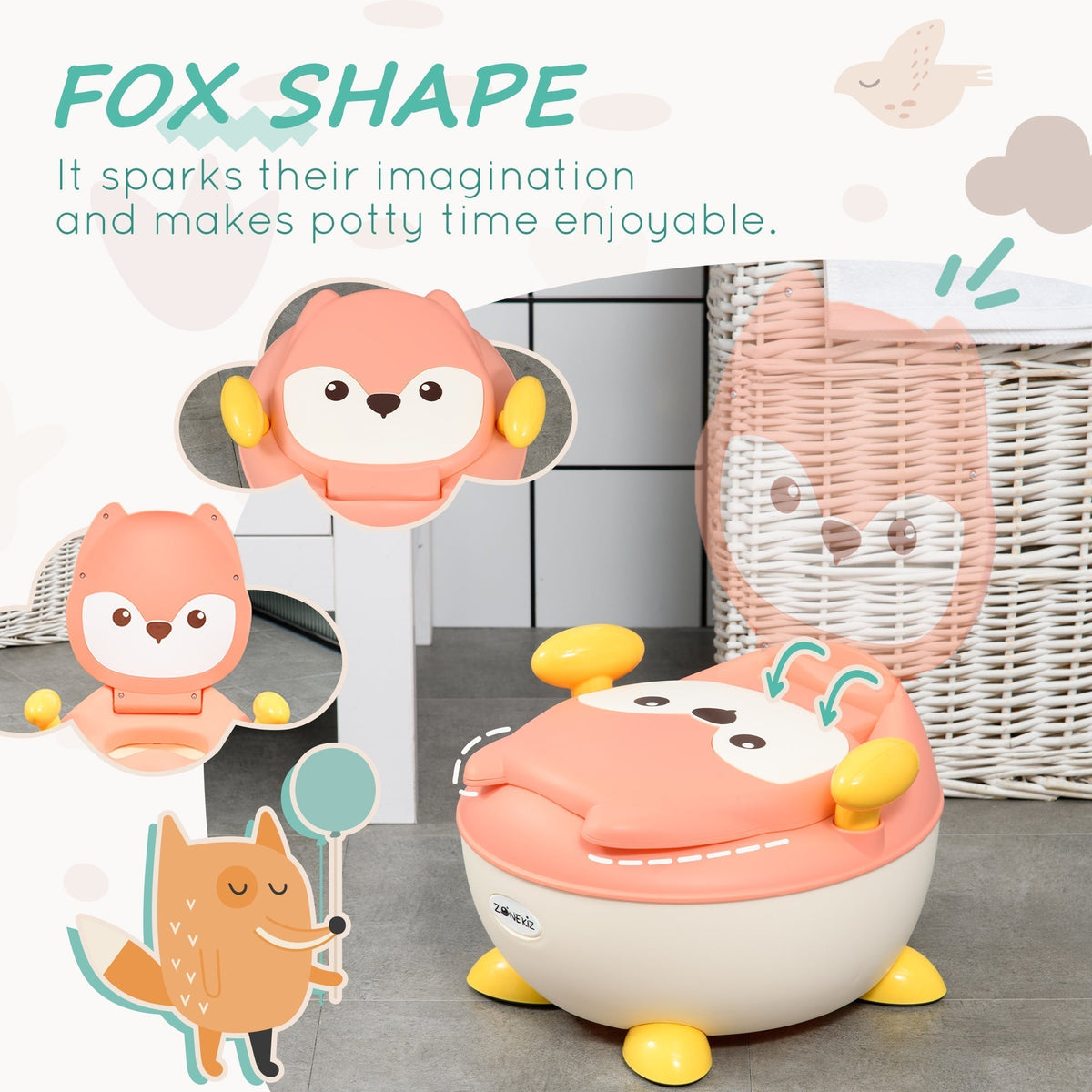 The fox-shaped baby potty training toilet is shown with decorative elements and text