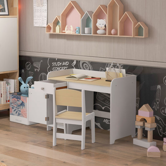 The kids desk and chair set placed in a child's bedroom with a chalkboard wall