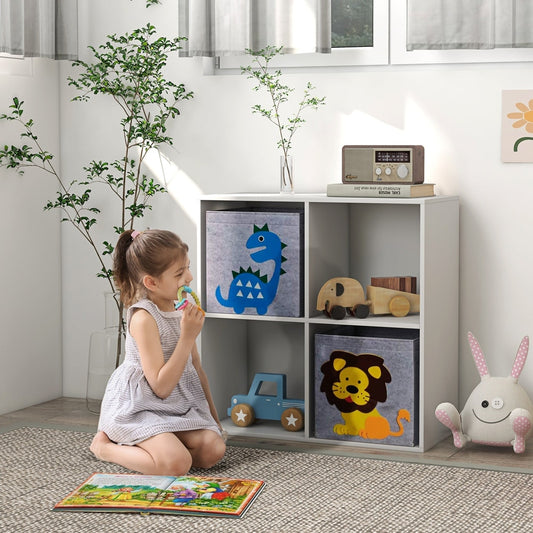 A white toy storage unit with two fabric drawers, one decorated with a blue dinosaur