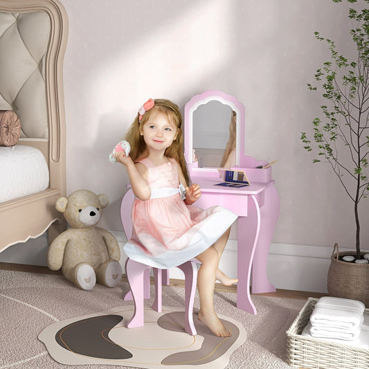 A young girl sits at the pink dressing table, playing with makeup