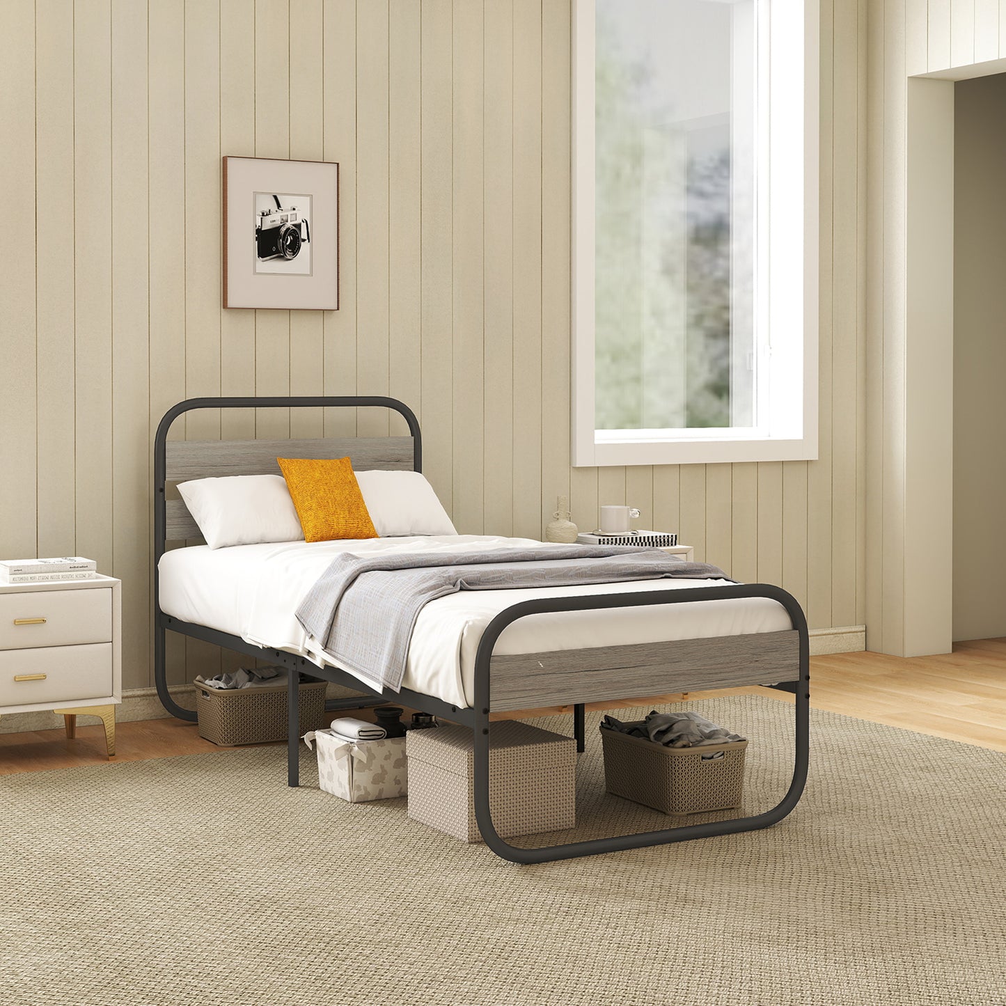HOMCOM 3ft Single Bed Frame, Industrial Style Metal Platform Bed Frame with Under Bed Storage, No Box Spring Needed, Easy Assembly, Grey