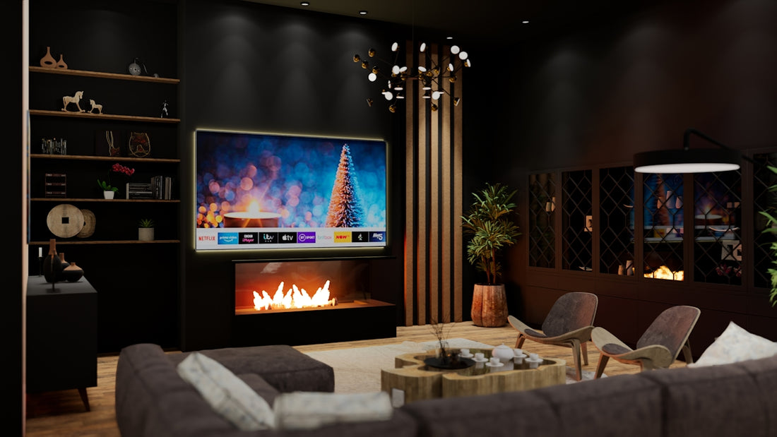 a living room filled with furniture and a fire place