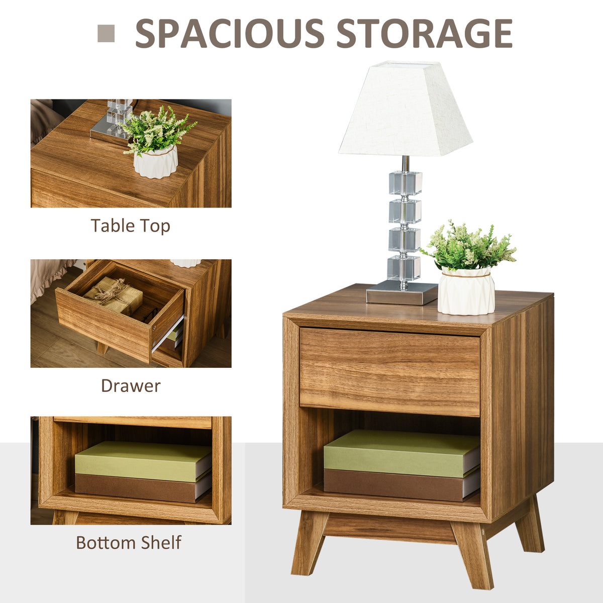 HOMCOM Modern Bedside Table Nightstand in Walnut Brown