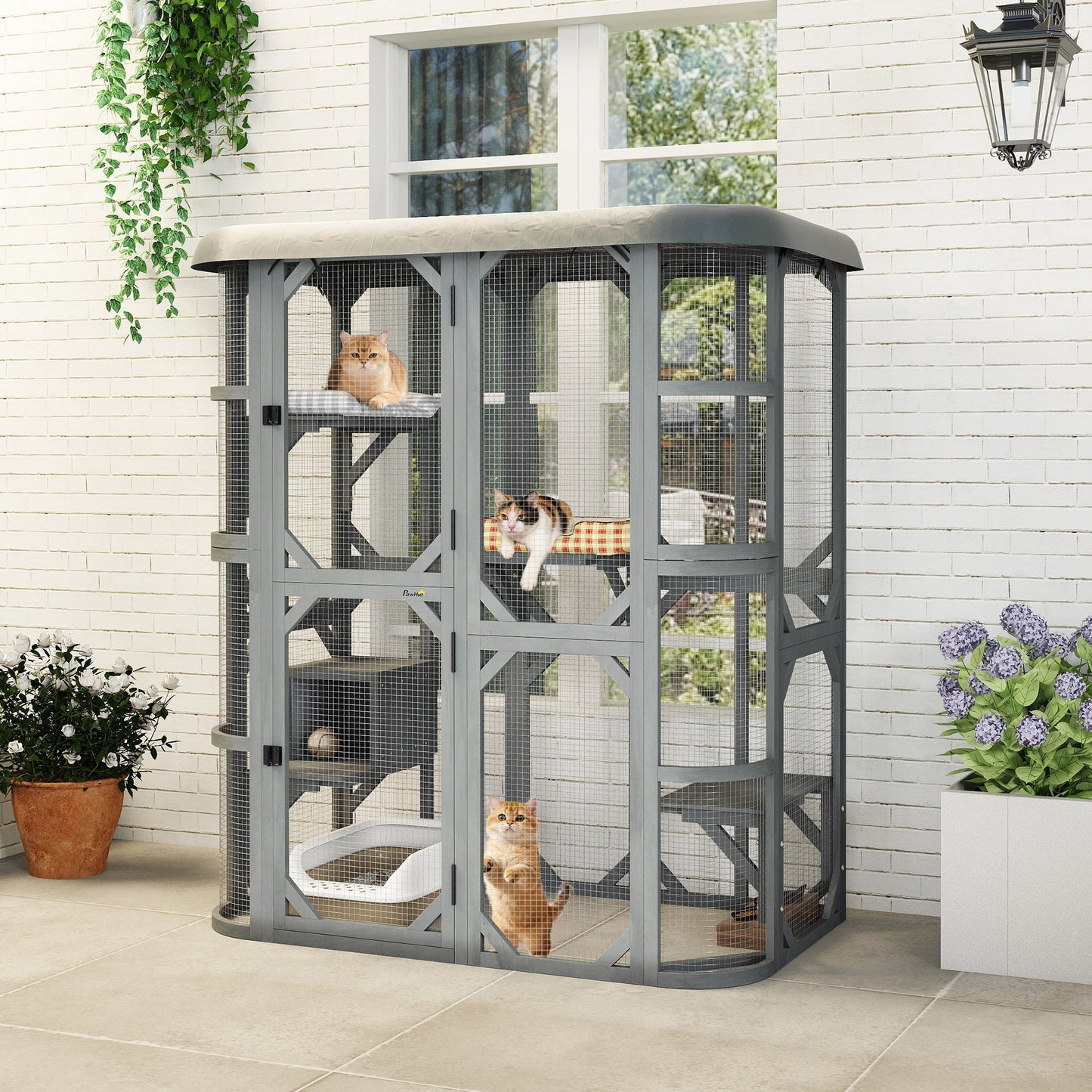 PawHut Catio Outdoor Cat Enclosure,  Wooden Cat House with Platforms, Condo and Waterproof Cover for 2–3 Kittens, Grey