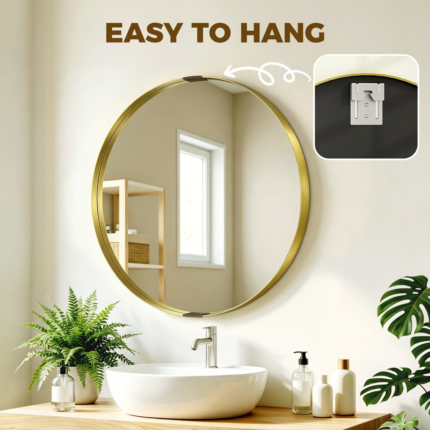 HOMCOM Round Wall Mirror 61 cm, Wall Mounted Bathroom Mirror with Tempered Safety Glass and Aluminium Alloy Frame, Gold Tone