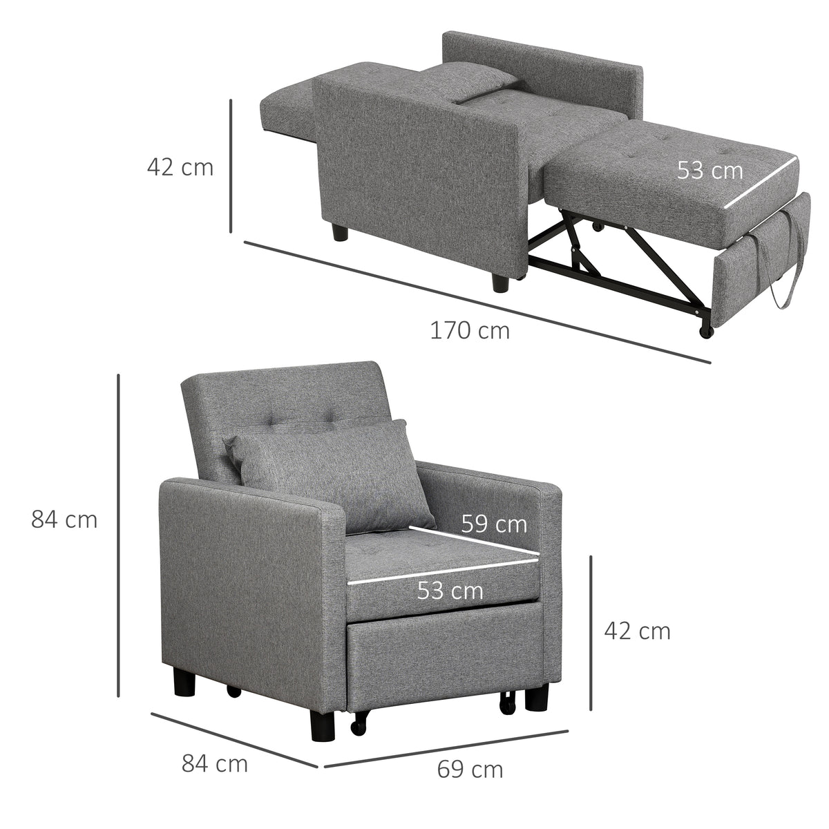HOMCOM 3-In-1 Single Chair Bed with Adjustable Backrest in Grey
